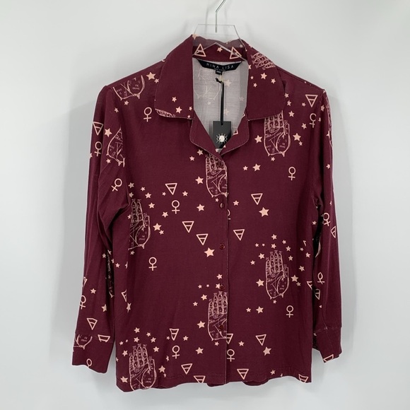Mina Lisa Jersey Button up top Psych knit lounge PJ astrology hand star new S - Picture 1 of 4